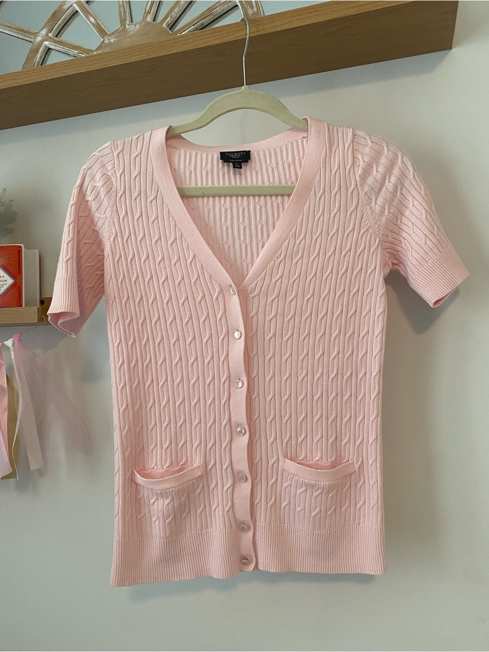 Talbots Petites Light Pink Cable-Knit Short Sleeve Cardigan
